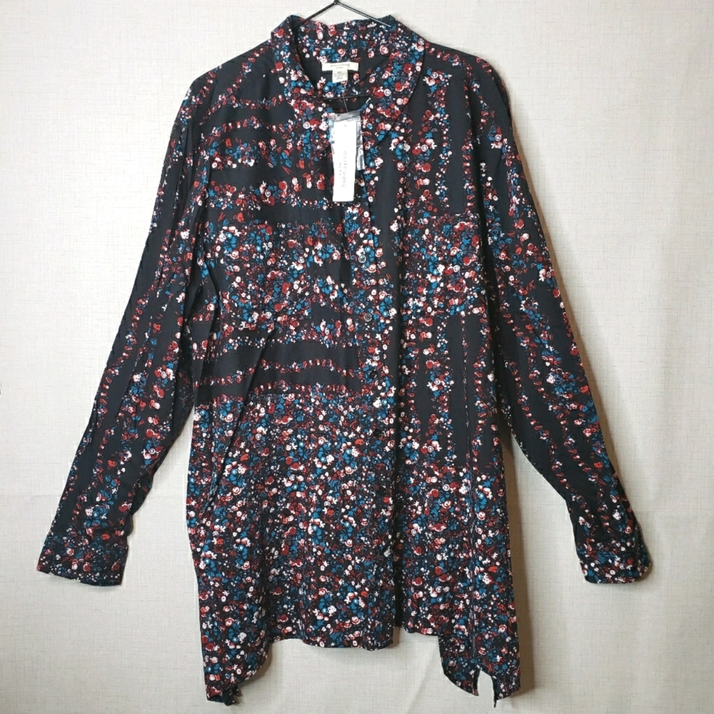 Westbound Woman Blouse Floral Print Black Long Sleeve Button Up Top Size 3X NWT